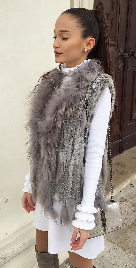 Grey-Faux-Fur-Vest-With-White-Dress