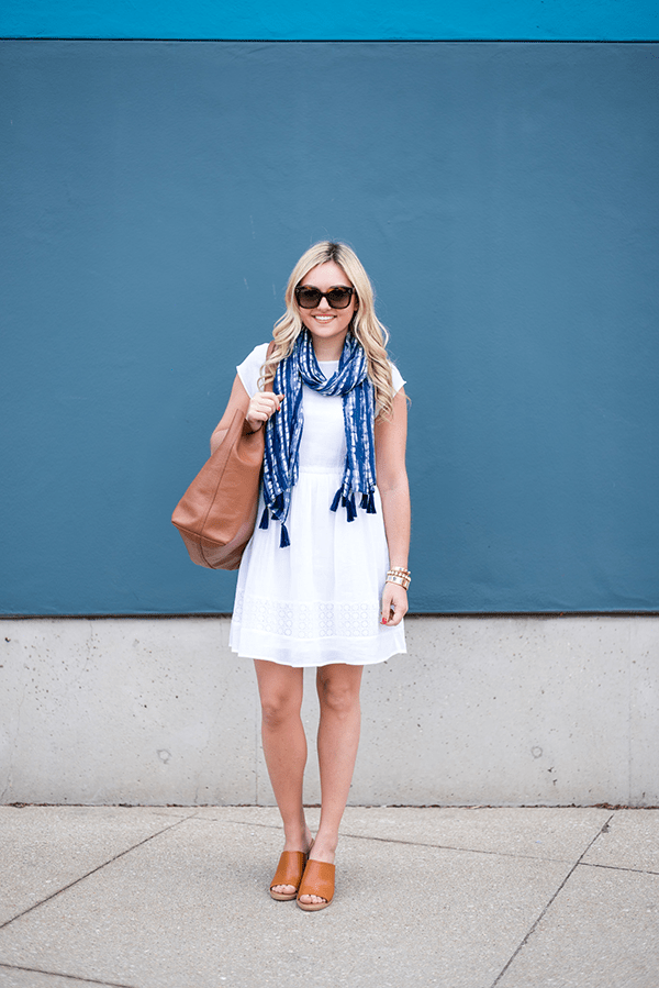 white-summer-dress-with-navy-printed-scarf