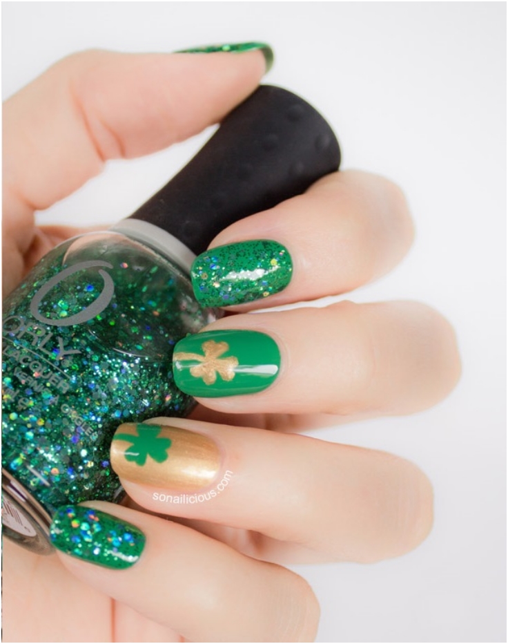 Green-Gold-And-Glitter-Shamrock-Nails