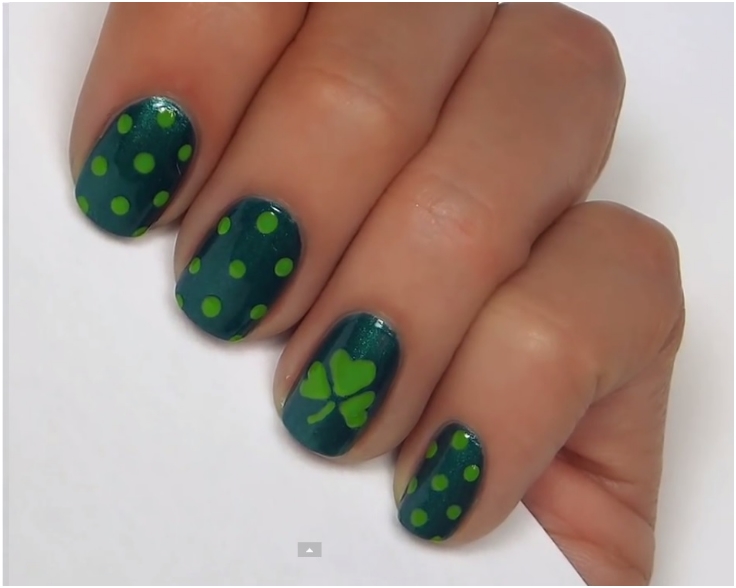 Green-On-Green-Polka-Dots-And-Shamrock-Nails