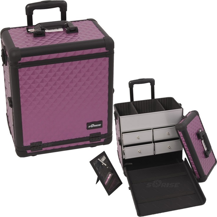 Purple-Professional-Rolling-Aluminum-Cosmetic-Makeup-Case-with-Split-Drawers