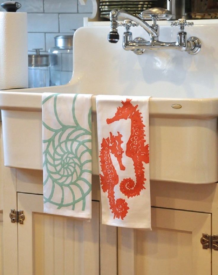 Aqua-Nautilus-and-Persimmon-Seahorse-Kitchen-Towels