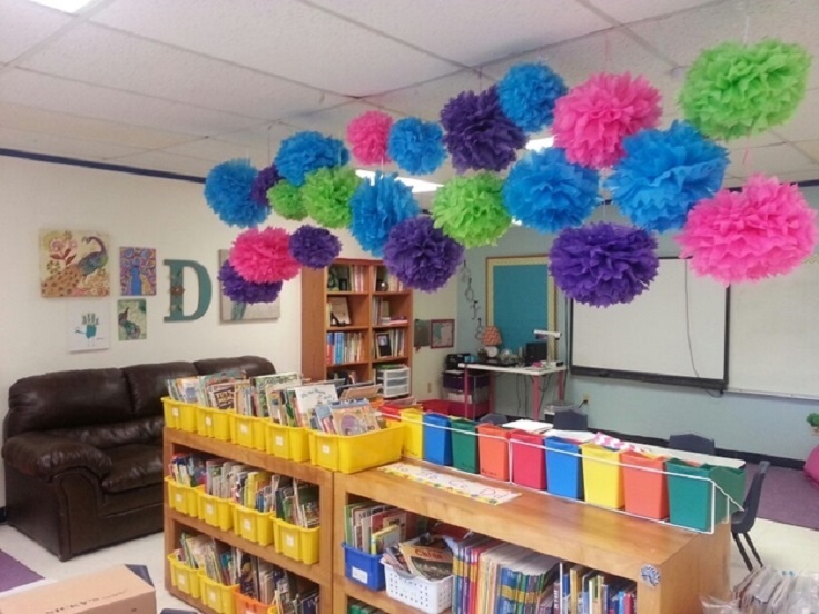 Truffula-flower-pom-poms-as-ceiling-decorations.