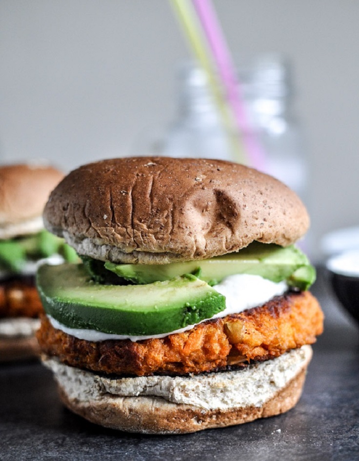 Smoky-Sweet-Potato-Burgers-with-Roasted-Garlic-Cream-and-Avocado