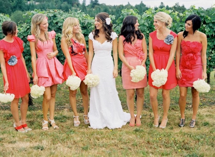 Mismatched-Coral-Knee-Bridesmaid-Dresses1