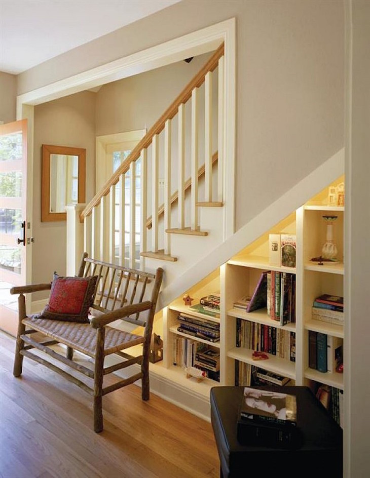 tophallway-idea-filled-comfortable-wooden-bench-and-red-accent-pillow-feat-modern-under-stairs-book-storage-design