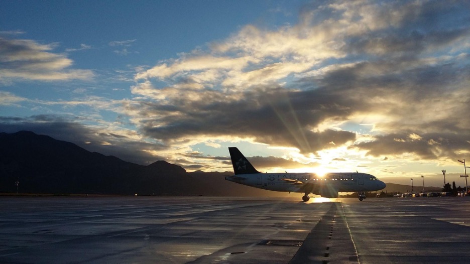 A flight landing at the airport.