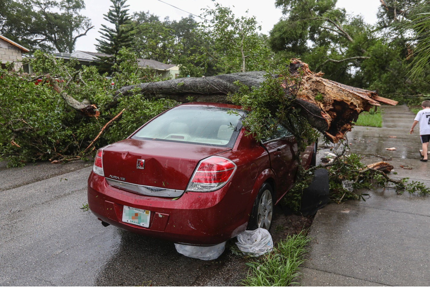 A car under a wooden log.