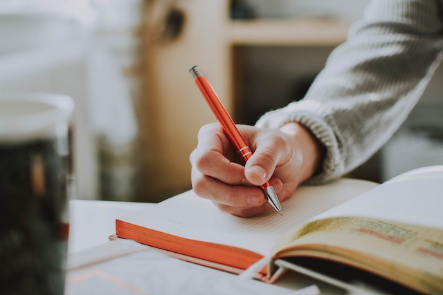 Woman writing in her book.